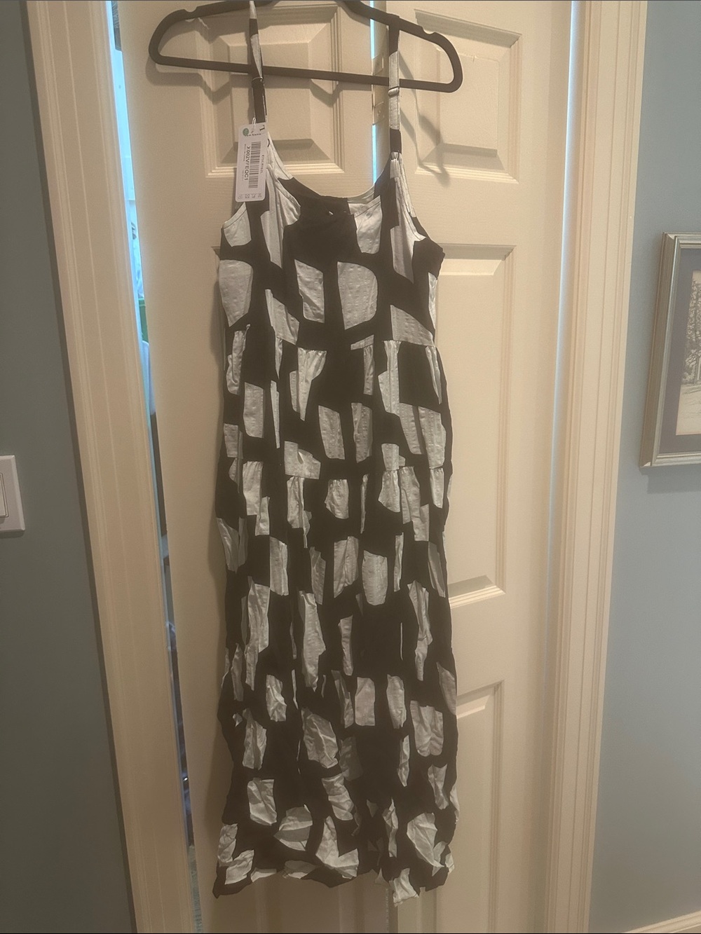 Black & White Geometric Maxi Slip Dress with Adjustable Straps